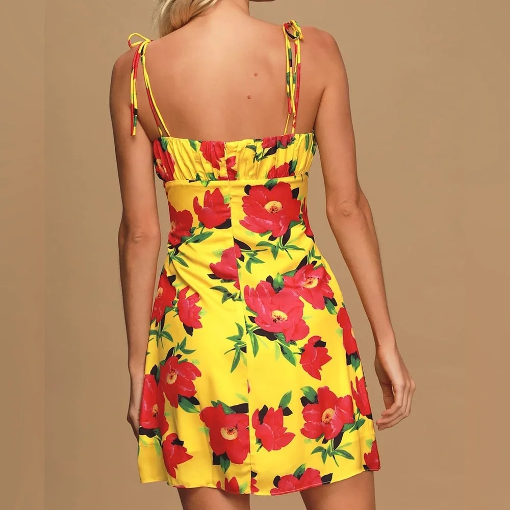 KOURT Dionne Bright Yellow Floral Print Satin Tie-Strap Mini Dress Size Small - Picture 3 of 10